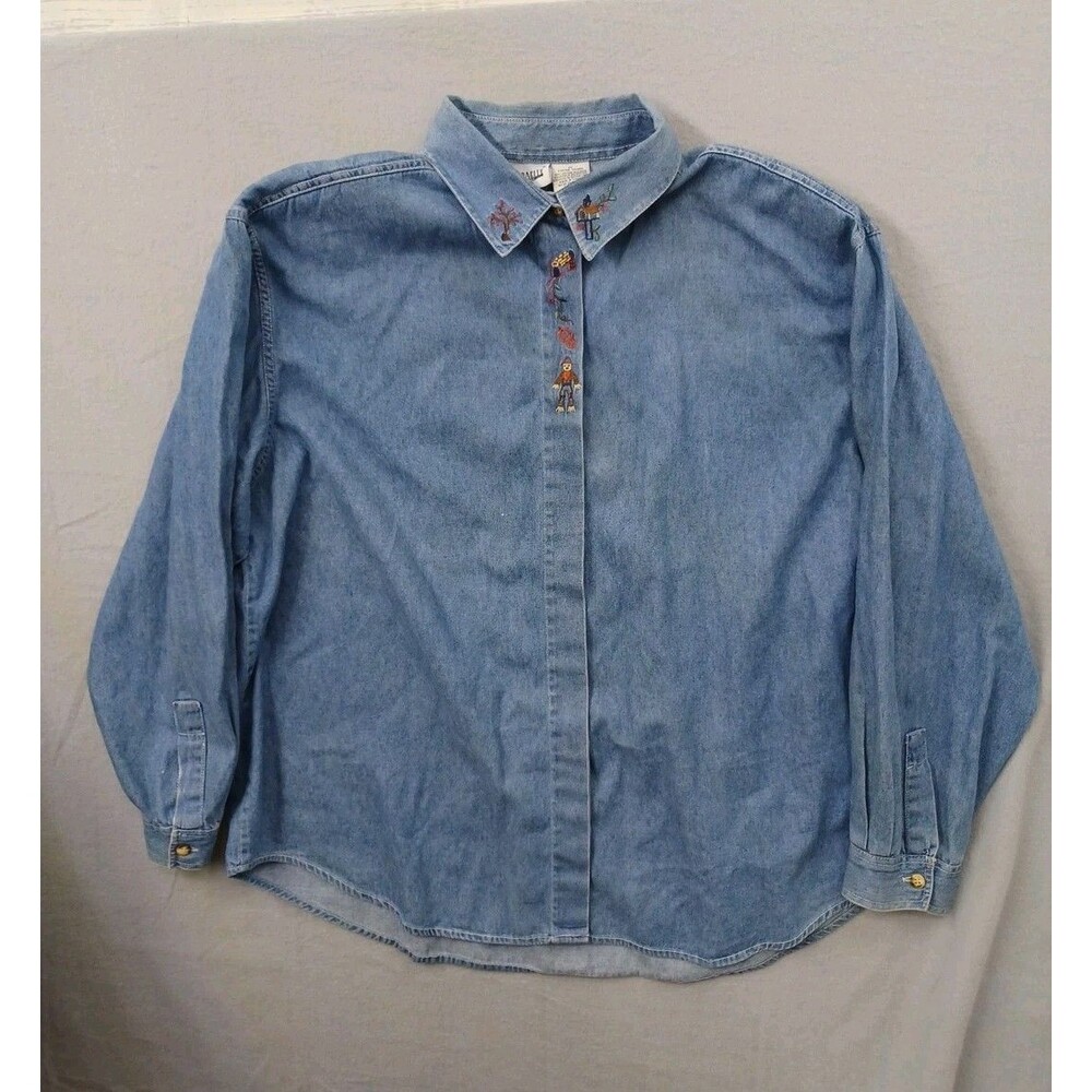 Capacity Woman Denim Shirt 2X Embroidery Long Sleeve Bird House Fall